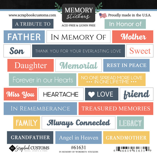 SCRAPBOOK CUSTOMS STICKERS IN MEMORY OF WORD BITS
