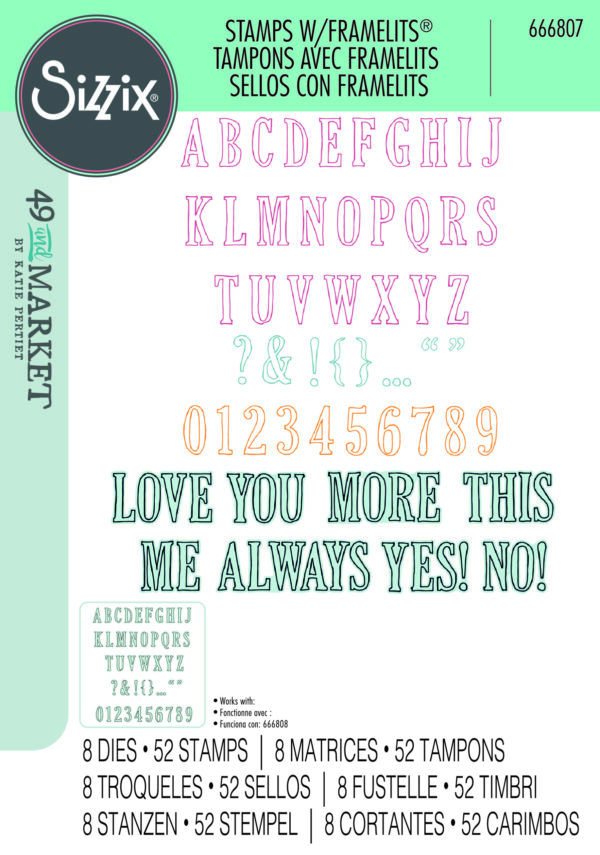 Sizzix A5 Clear Stamps 52PK w/8PK Framelits Fine Line Alpha 01 By 49 and Market