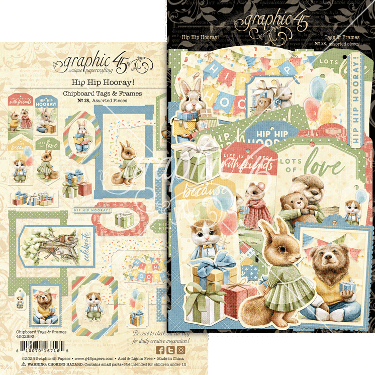 Graphic 45 Hip Hip Hooray Chipboard Pieces, Tags & Frames