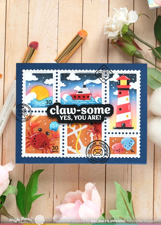 Waffle Flower Stencil Postage Collage Coastal