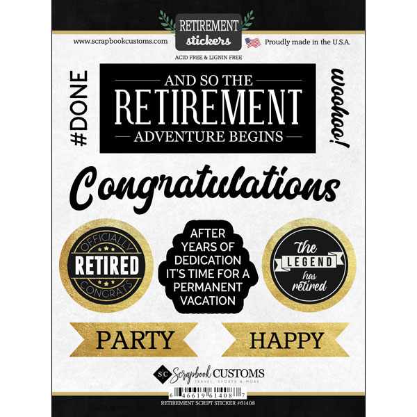 SCRAPBOOK CUSTOMS RETIREMENT SCRIPT STICKER