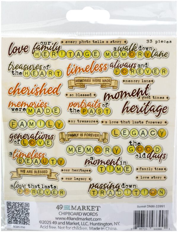 49 & Market Ephemera Nostalgic Memories Chipboard Words