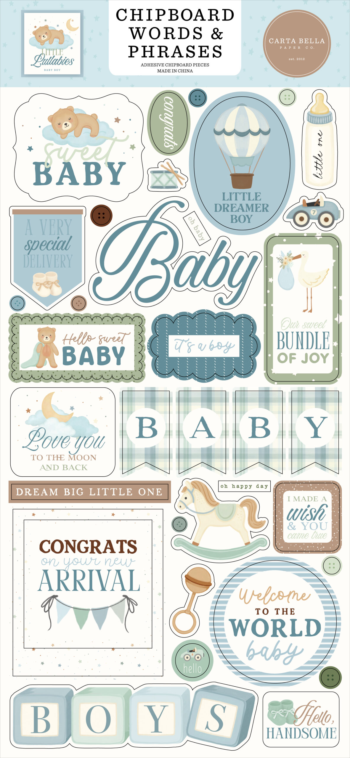 Carta Bella Little Lullabies Baby Boy 6X13 Chipboard Words & Phrases