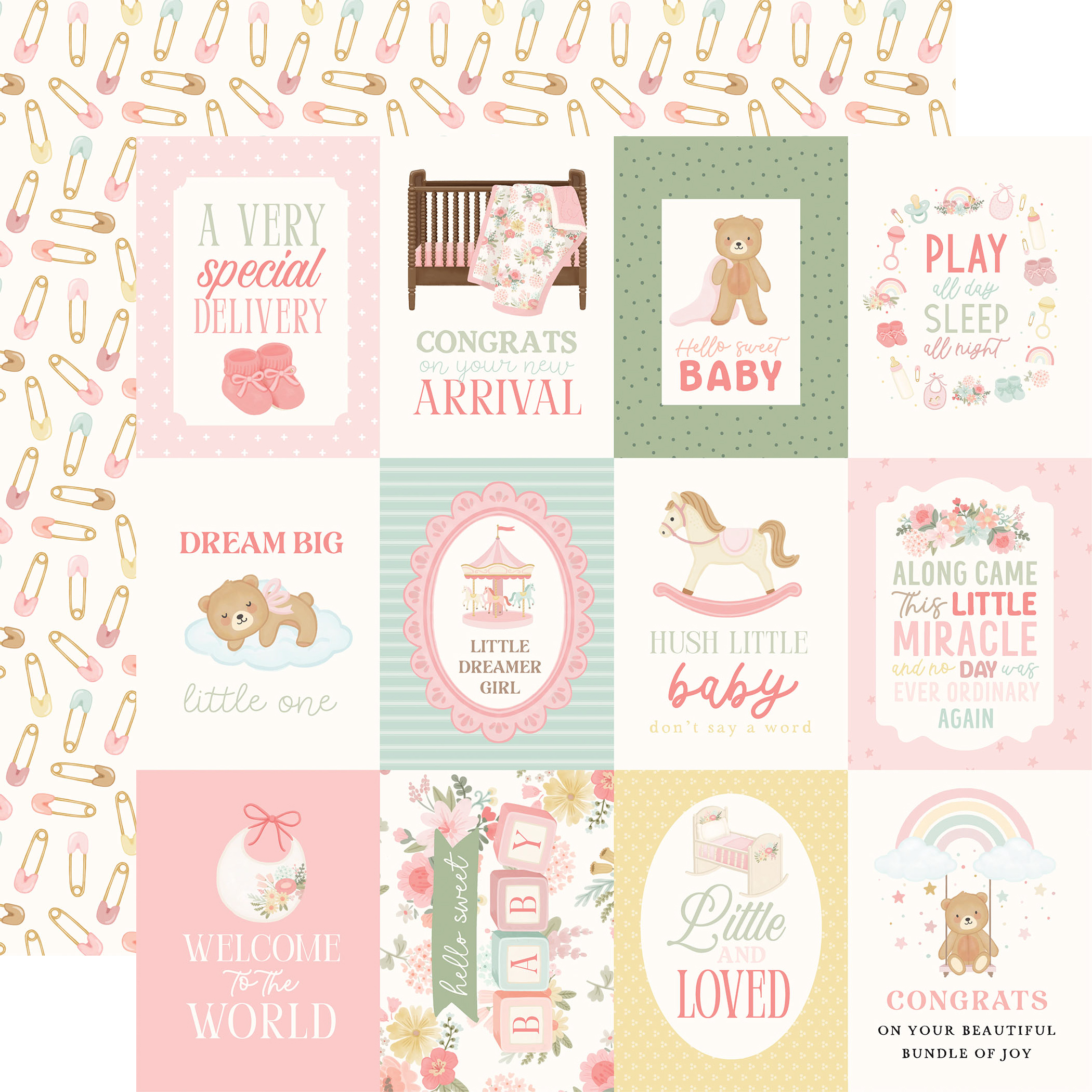 Carta Bella Little Lullbies Baby Girl 12X12 3X4 Journaling Cards