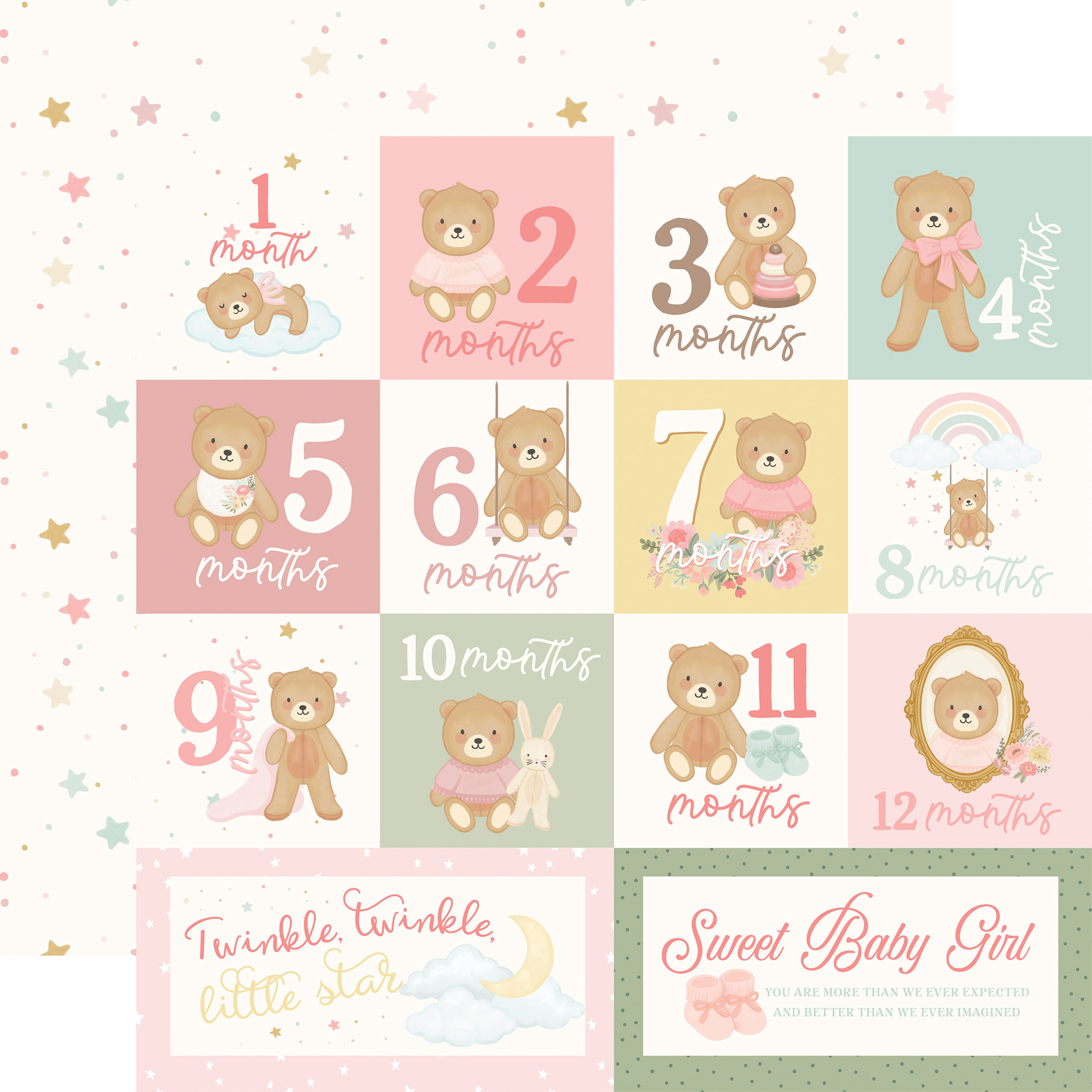 Carta Bella Little Lullbies Baby Girl 12X12 Months Journaling Cards