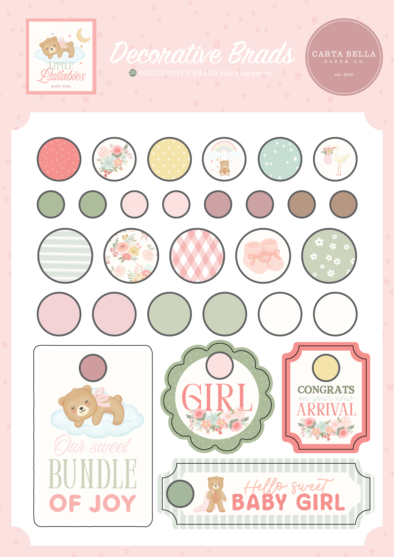 Carta Bella Little Lullabies Baby Girl Decorative Brads