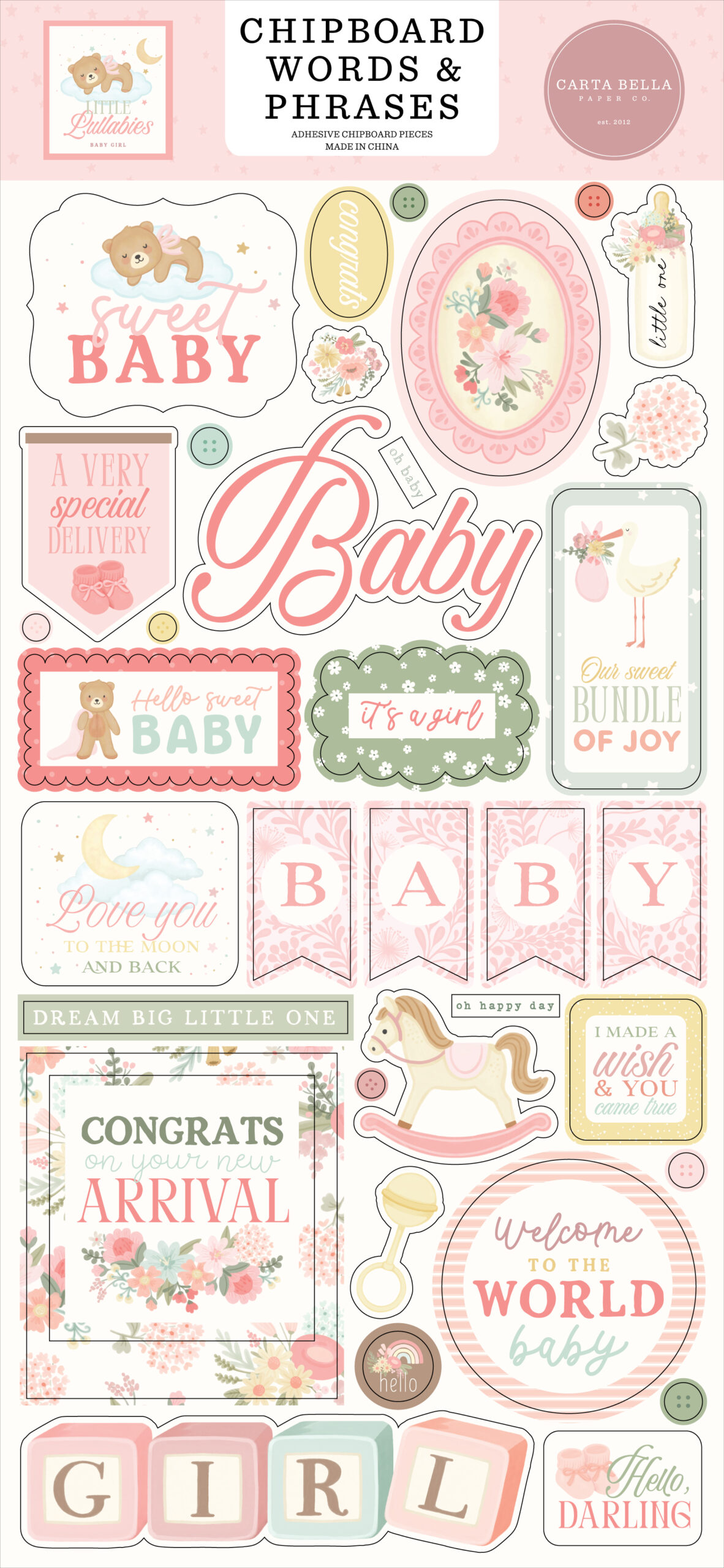 Carta Bella Little Lullabies Baby Girl 6X13 Chipboard Words & Phrases