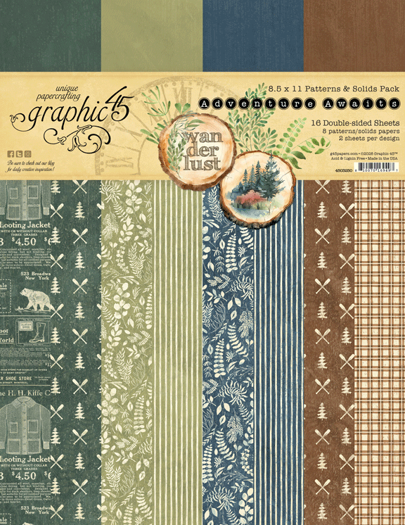 Graphic 45 Adventure Awaits 8.5 X 11 Patterns & Solids Pack