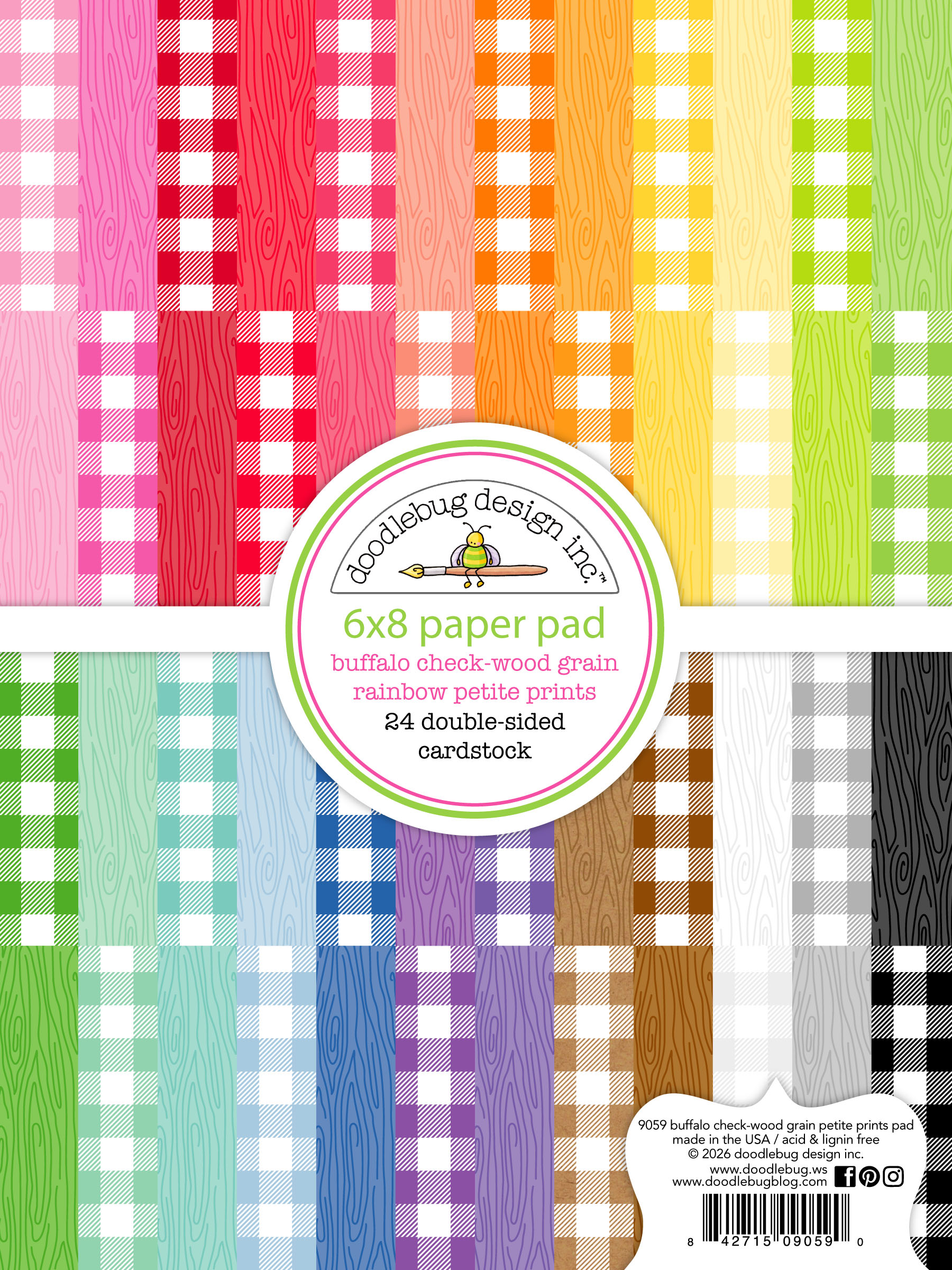 Doodlebug 6X8 Pad Buffalo Check-wood Grain Rainbow Petite Prints